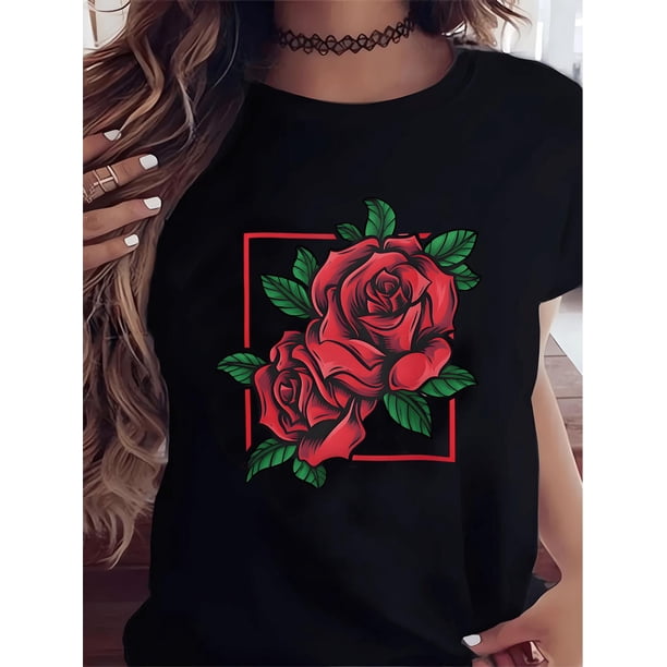 Women Casual Roses Pattern Top Casual Crew Neck For Outdoors Activities And Casual WearFather's Day,Camisetas de verano para mujer, manga corta, cuello redondo, casual, lindo, con gráficos, camisetas