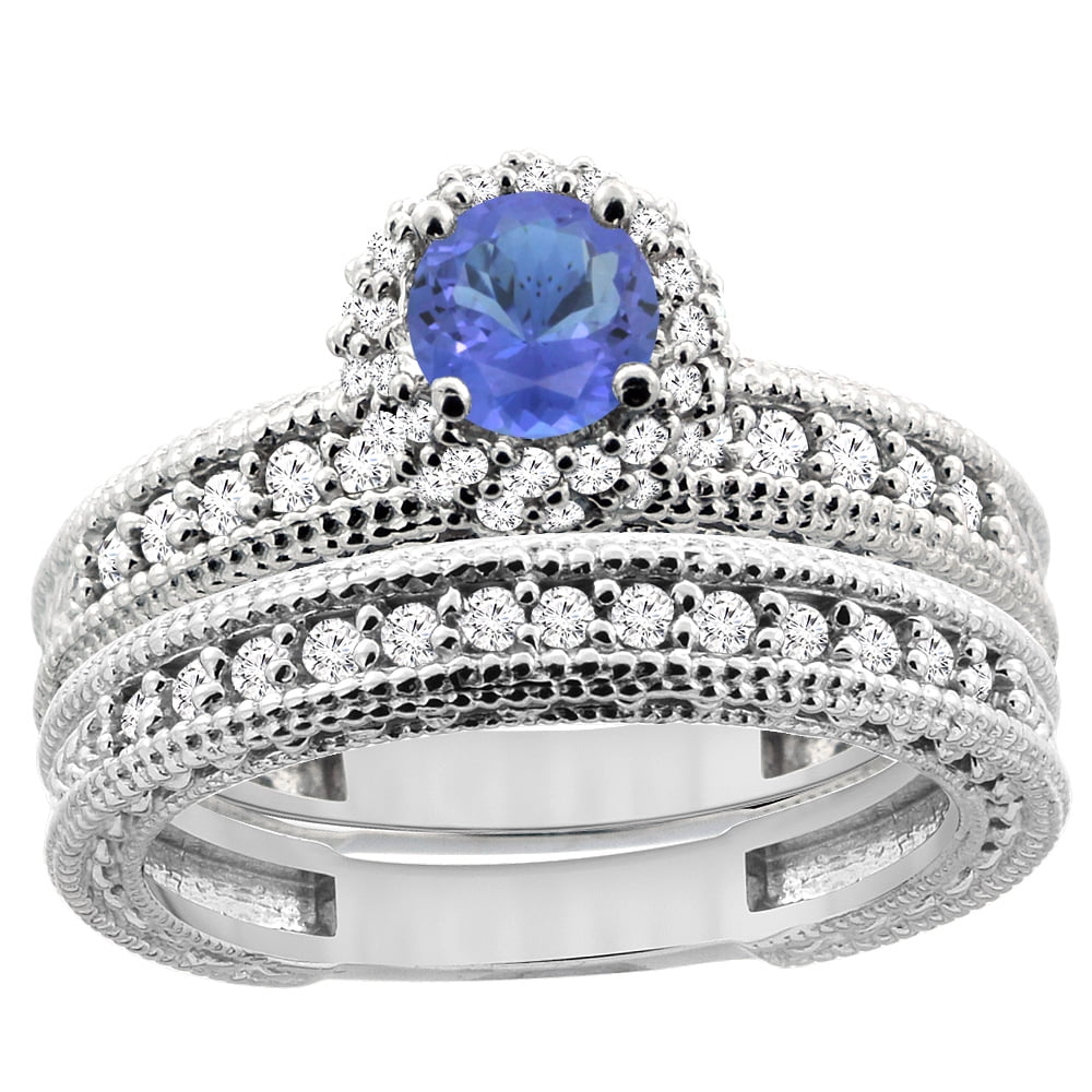 14K White Gold Diamond Natural Tanzanite Round 4mm Engagement Ring 2-piece Set, size 5 by Gabriella Gold