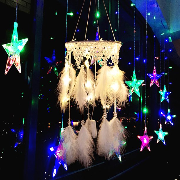 Plumas Estrellas Luna Atrapasueños Cadena de luz LED Colgante Colgante (Blanco) Ndcxsfigh Nuevos Originales