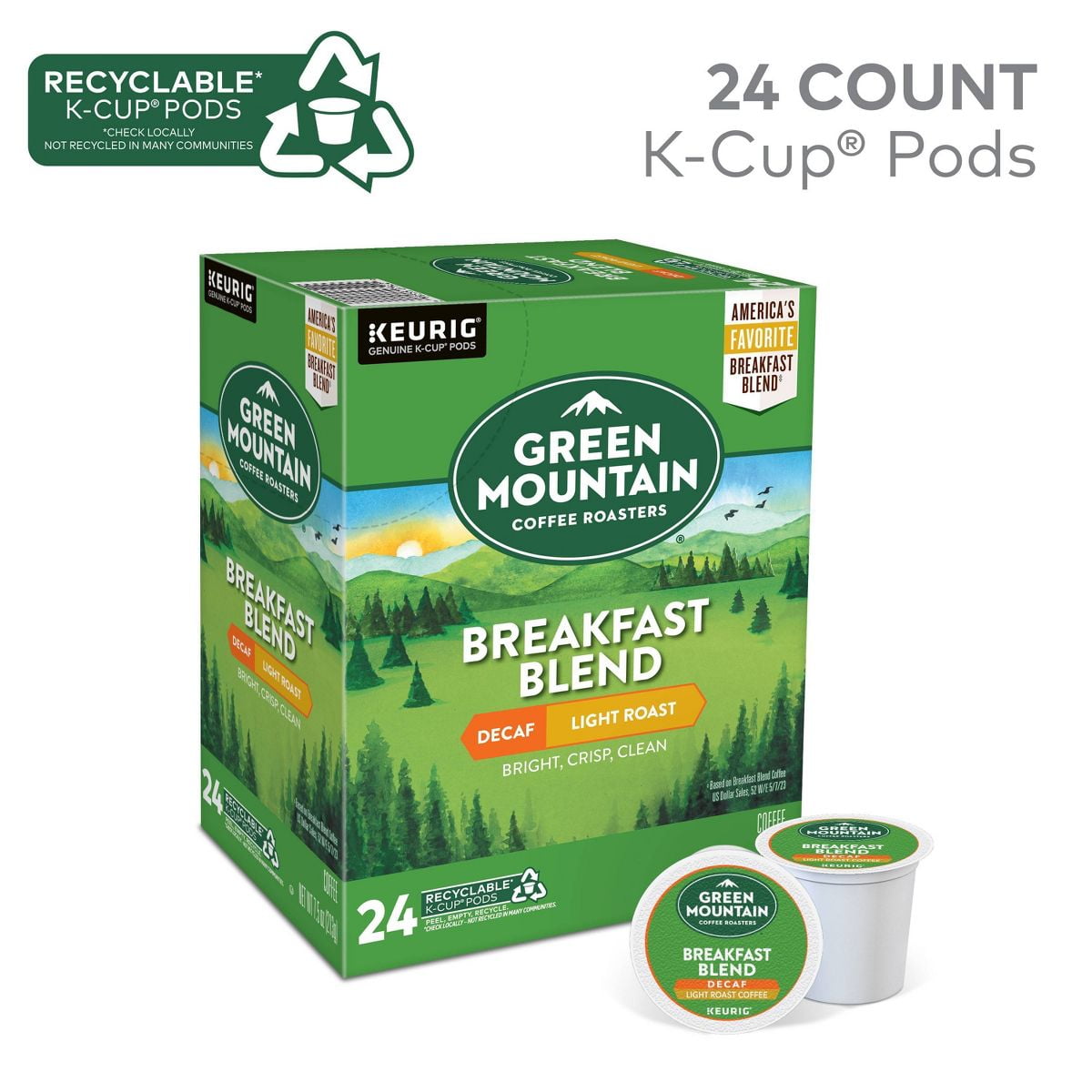 2X - 24ct Green Mountain Coffee Breakfast Blend Decaf Keurig K-Cup Coffee Pods Decaffeinated Light Roast