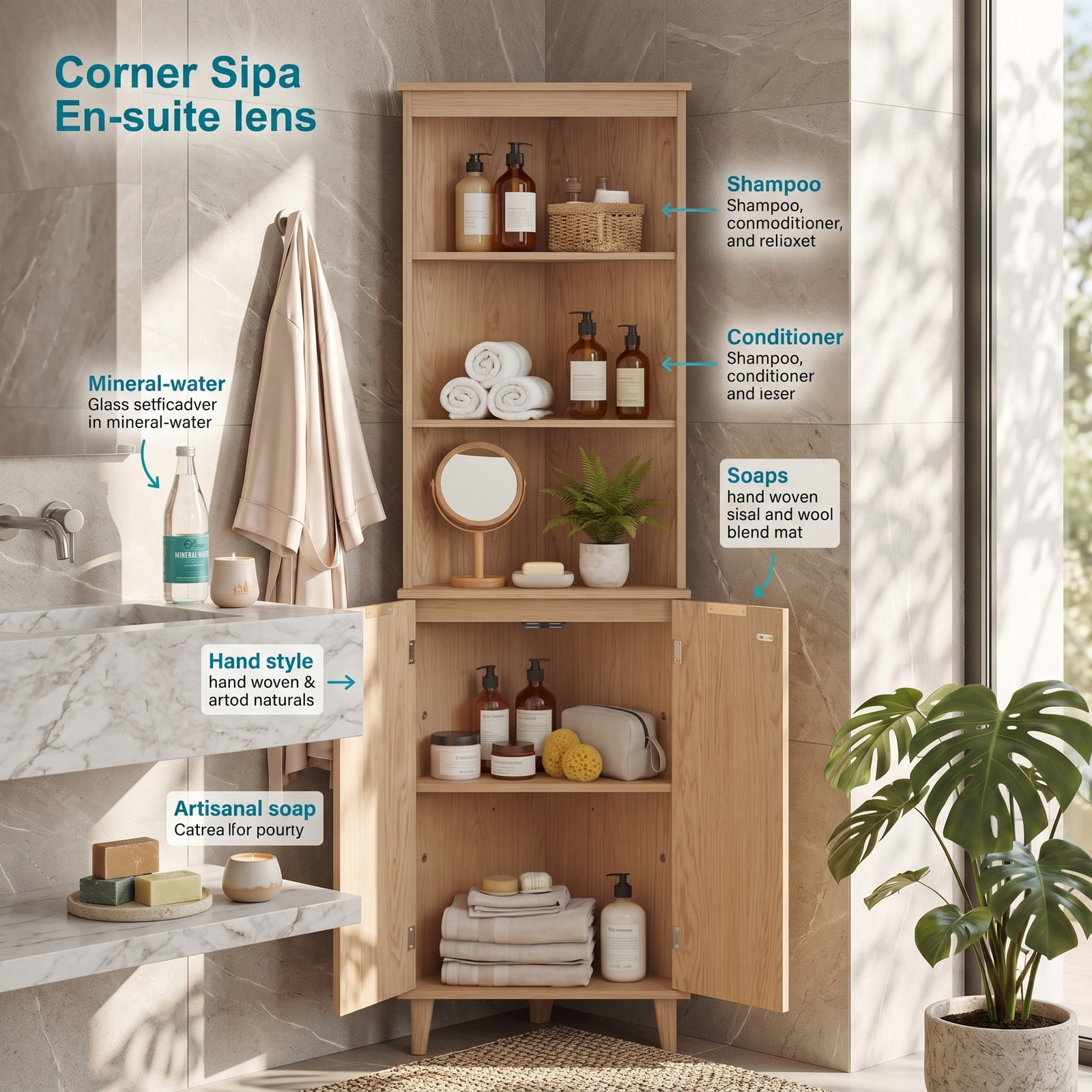 Fenbeli 68 Inch Tall Corner Cabinet with Fluted Doors, Freestanding Bathroom Floor Storage Cabinet with 3 Open Shelves and Enclosed Compartment, Anti-Tip Kit and, Oak