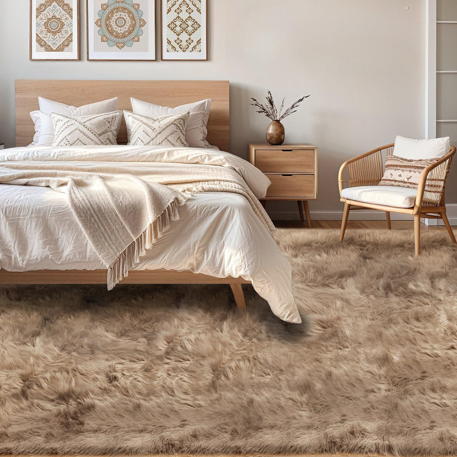 Jingle bears Fluffy Shag Rug 5x8 Faux Sheepskin Fur Rug for Living Room Bedroom Fuzzy Furry Plush Washable Rug Light Brown Rectangle