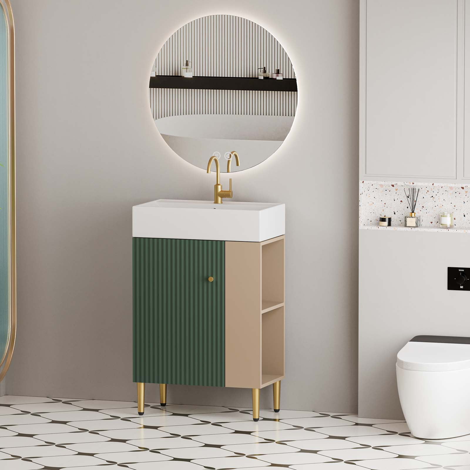 21.7" Bathroom Vanity with Ceramic Sink, Freestanding Bathroom Vanity with Open-Shelving Natural Wood Vanities Cabinet Soft Closing Door Right Storage for Small Bathroom Green