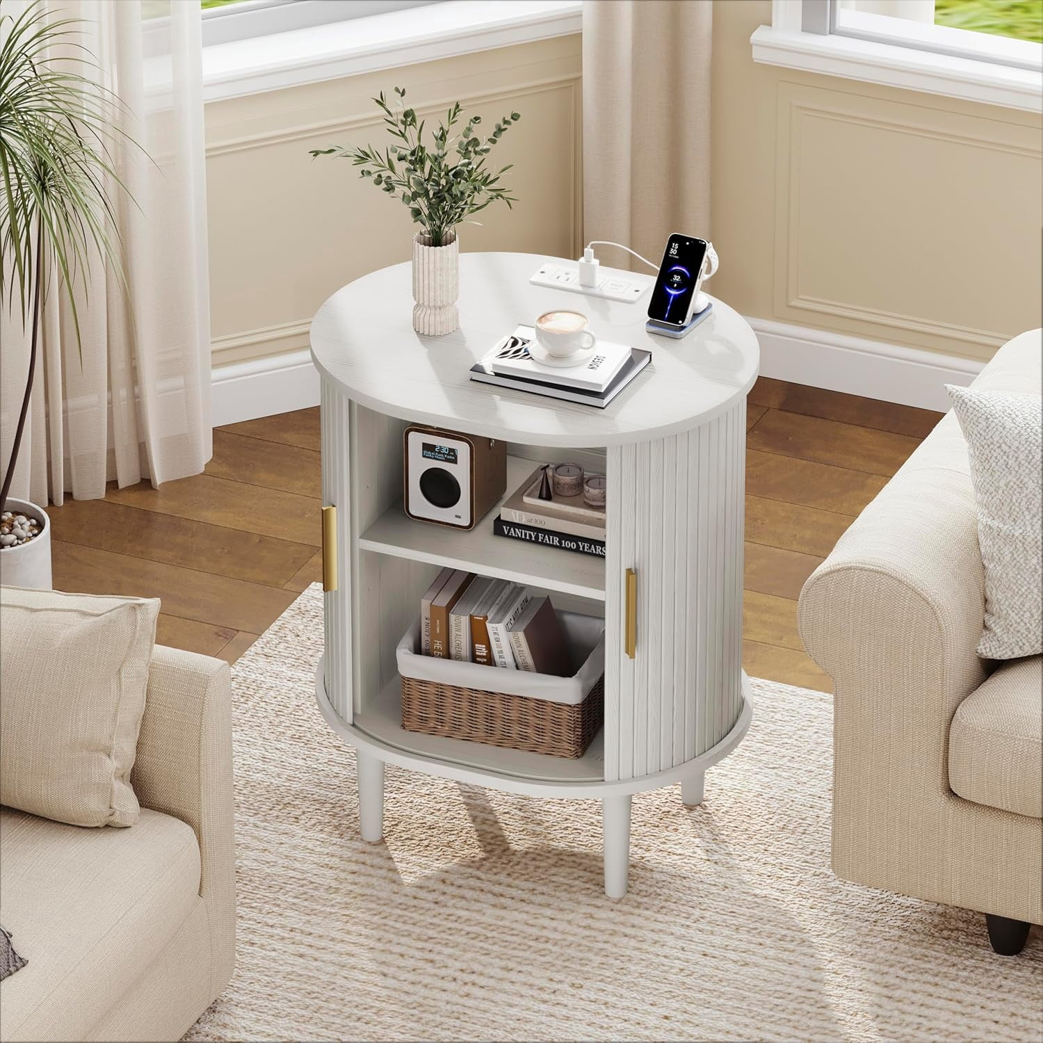 1-Piece Nightstand Set with Charging Station Mid-Century Modern, White Fluted Side Tables with Sliding Door & Adjustable Shelf, Space-Saving End Table for Bedroom, Living Room