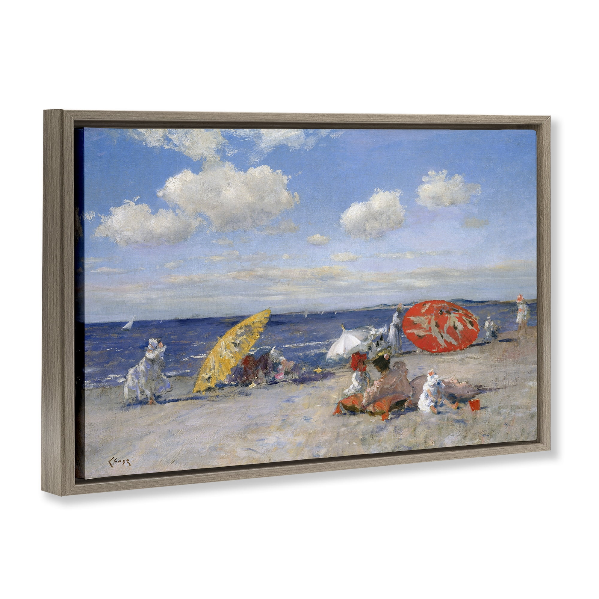 Stupell Industries Classic Beachgoers Scene Nautical & Beach Painting Brown Floater Framed Canvas Art Print Wall Art, 25 x 17