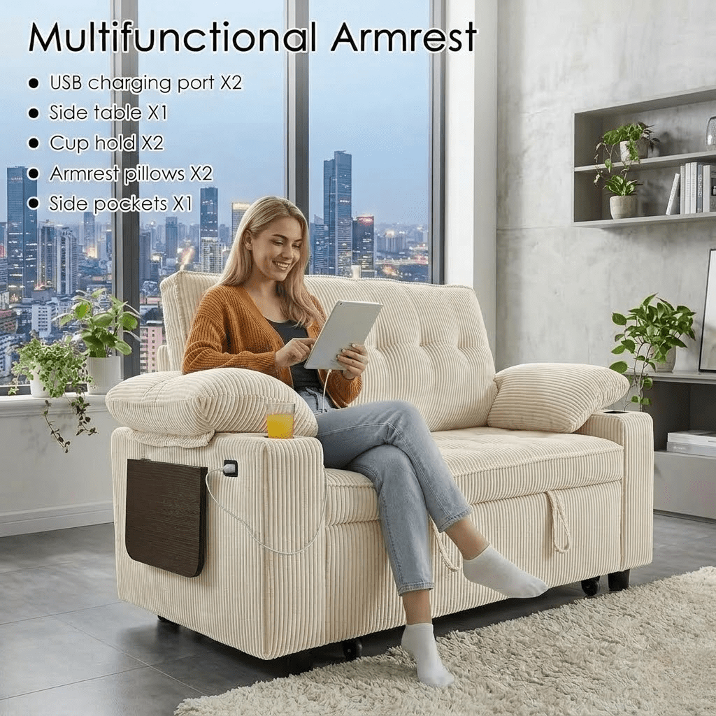 Howcool 58" Sleeper Sofa Bed, Convertible Pull Out Couch Bed Corduroy Loveseat with Adjustable Backrest, USB Charging Ports, Cup Holders & Foldable Side Table for Living Room Apartment,Beige