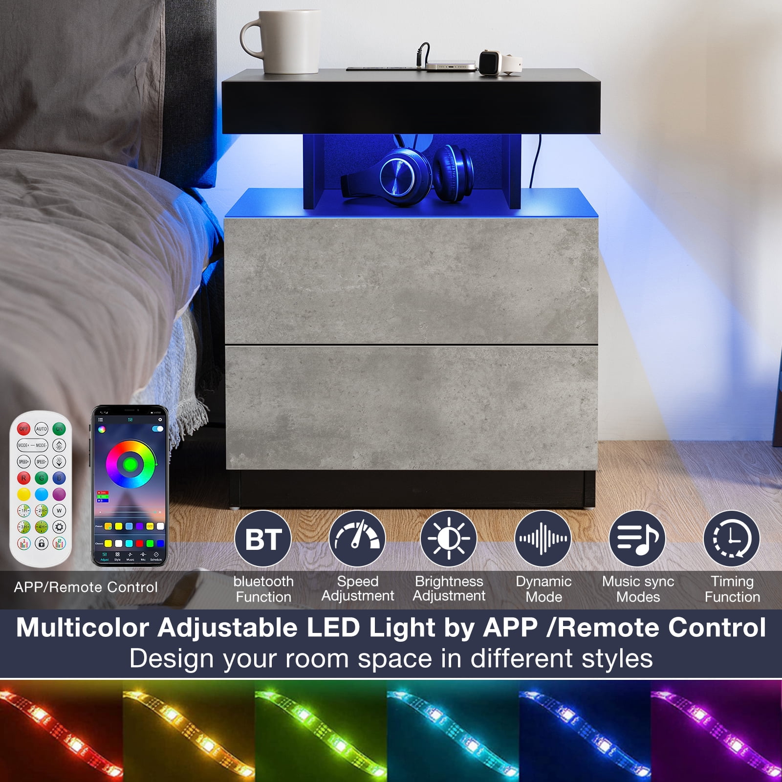Hommpa Modern Nightstand Set of 2 LED Nightstand with 15W Wireless Charging Type C USB Port 2 Drawers Bedside Table Storage High Gloss Night Table Gray End Side Table for Bedroom Furniture 22.3" Tall