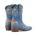 thumbnail image 3 of Womens Floral Embroidered Denim Cowboy Boots Vintage Flower Pointed Toe Chunky Mid Heel Wide Calf Cowgirl Booties, 3 of 5