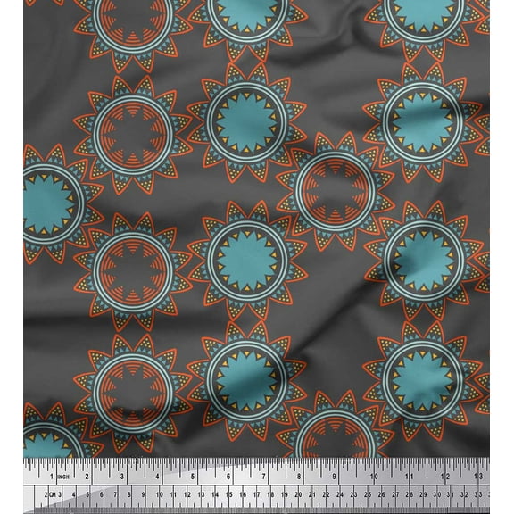 Soimoi Gray Velvet Fabric Sun Mandala Printed Fabric 1 Yard 58 Inch Wide