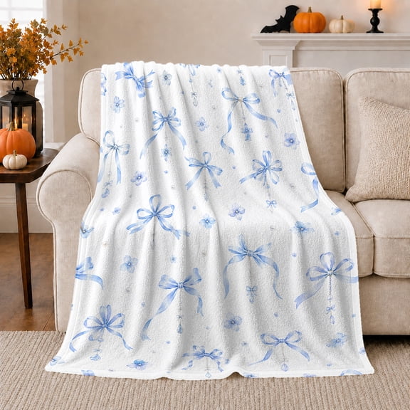 Blue Bow Floral Autumn Whimsy Girls Bedroom, Playful Botanical Garden Scene, Warm Flannel Blanket for Sunroom and Reading Nook, Garden Lovers Thanksgiving Gift, Playful Home Decor