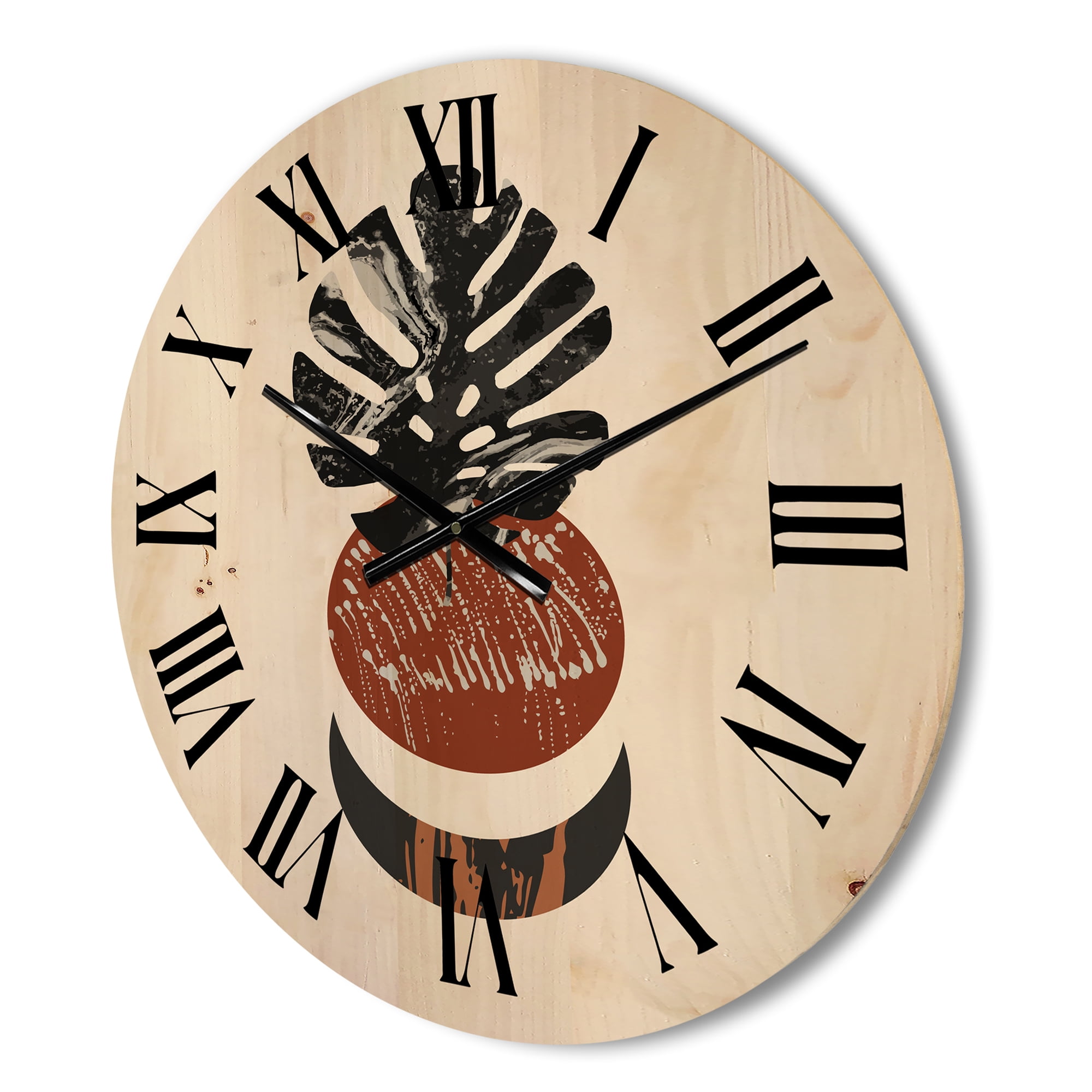 Designart 'Abstact Tropical Palm Leaf, Minimal Sun And Moon II' Modern Wood Wall Clock