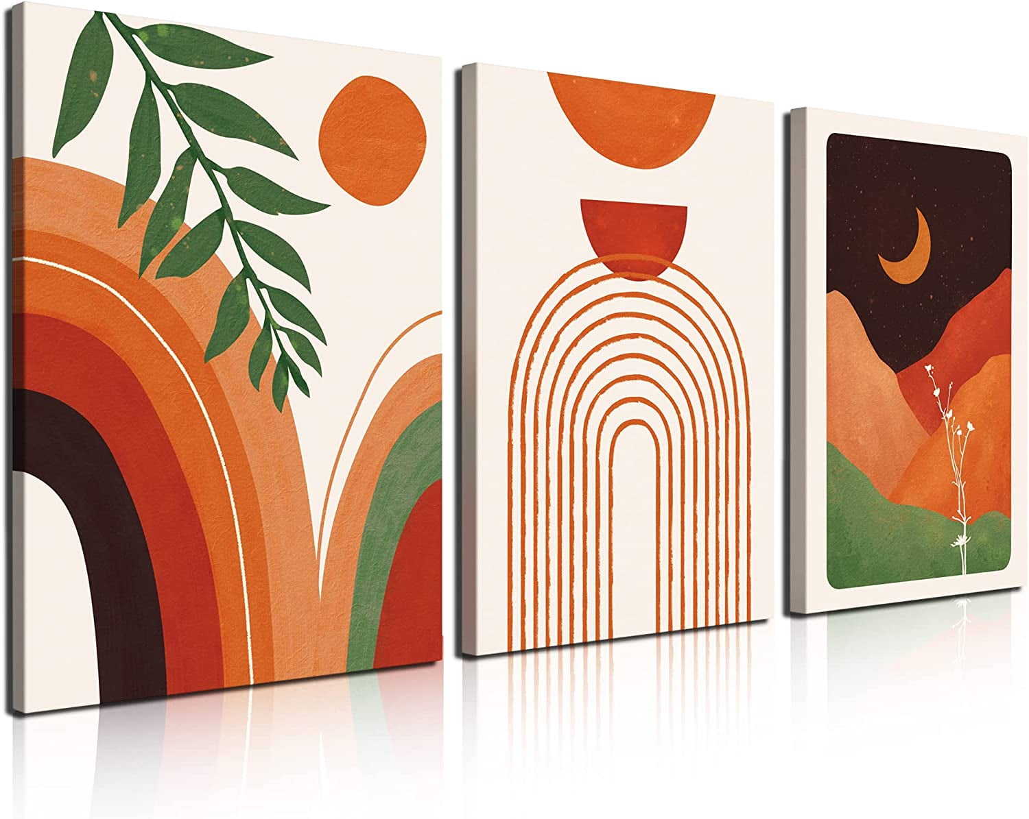 Set of 3 Boho Bedroom Decor Orange Minimalist Wall Decor Art, Mid