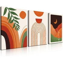 Set of 3 Boho Bedroom Decor Orange Minimalist Wall Decor Art, Mid Century Modern Neutral Abstract Geometric Framed Canvas Prints Wall Art for Bathroom 12inx16in