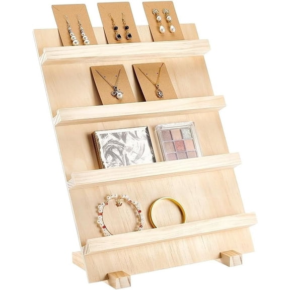 1 Set Wood Earring Display Stands 4 Layers Jewelry Display Holder Wood Earring Card Holder with Base Stand Photos Business Card Display for Home Office Retail Store Slot Height: 3.4Inch
