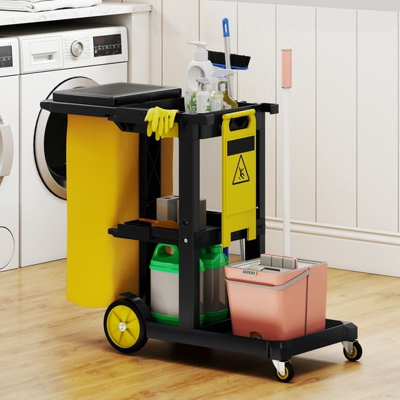 DEXTRUS Cleaning Cart, 3-Tier Professional Cleaning Trolley with Wheels, Durable Plastic Janitorial Cart, Includes Two 25 Gallon Yellow Vinyl Bags and a Pair of Rubber Gloves, Black