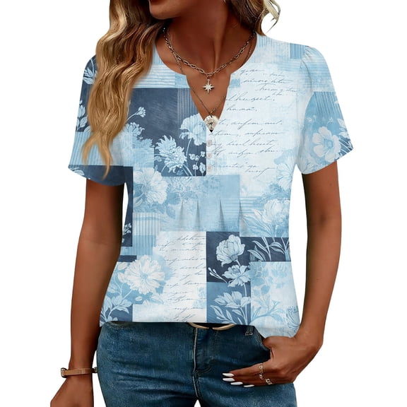 OIOLOYJM Women Tops Dressy Geometric Print Short Sleeve V Neck Henley Shirts Flowy Pleated Business Tunic Shirts Soft Outfits Light Blue XL