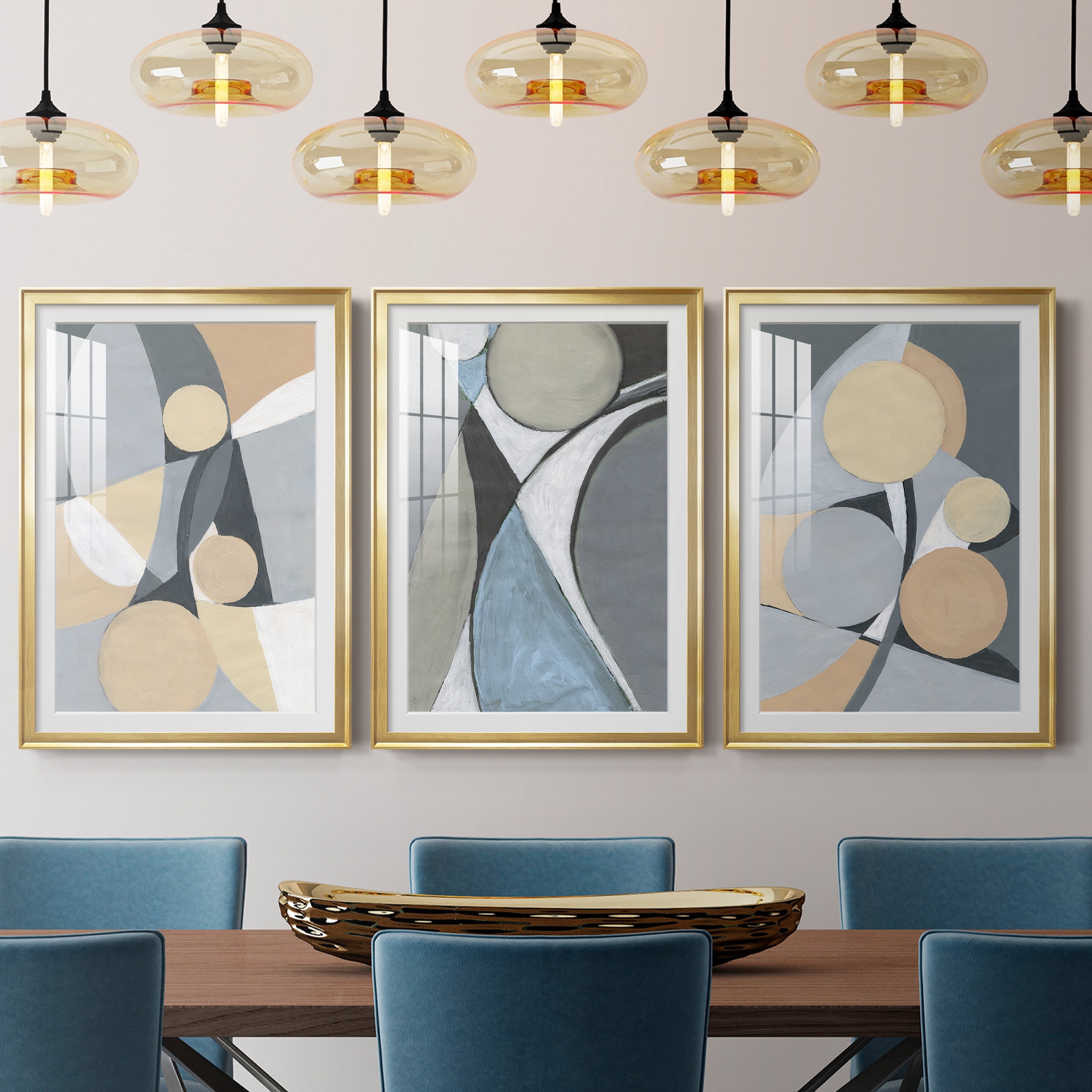 &nbsp;A Soft Jeweled Geometric II Premium Framed Prints Set of 3 - Ready to Hang - 26.5 x 36.5 Each - Gold Frame