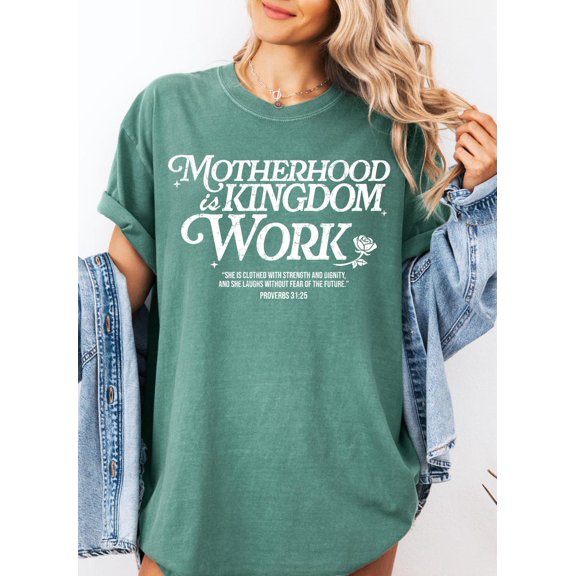 Motherhood Is Kingdom Work T-Shirt, Comfort Colors Christian Mom Shirt, Retro Bible Verse Tee, Faith-Based Mother’s Day Gift Shirt