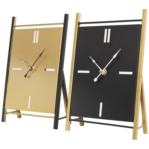 CosmoLiving by Cosmopolitan 10" Black Metal Rectangular Angled Clock with Gold Accents and Cutout Tick Hour Markers, Set of 2