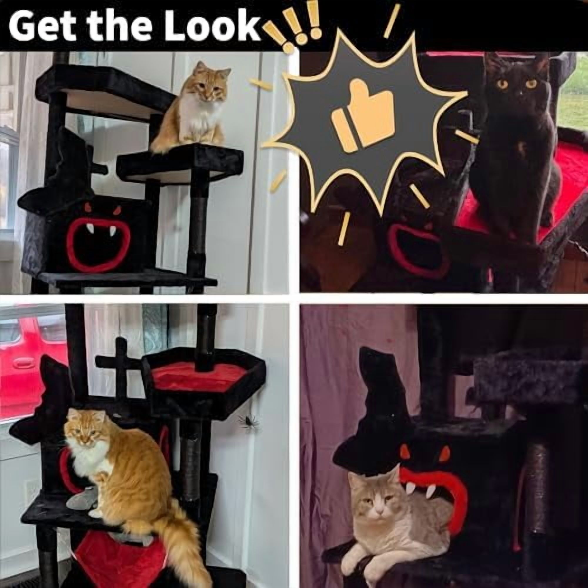 Gothic Cat Tree with Coffin Bed, 63" Tall Cat Tower for Indoor Cats with Top Perch, Spacious Cat Condos, Spider Hanging Balls,Comfy Hammock, Scratching Post and Ladder, Black Halloween