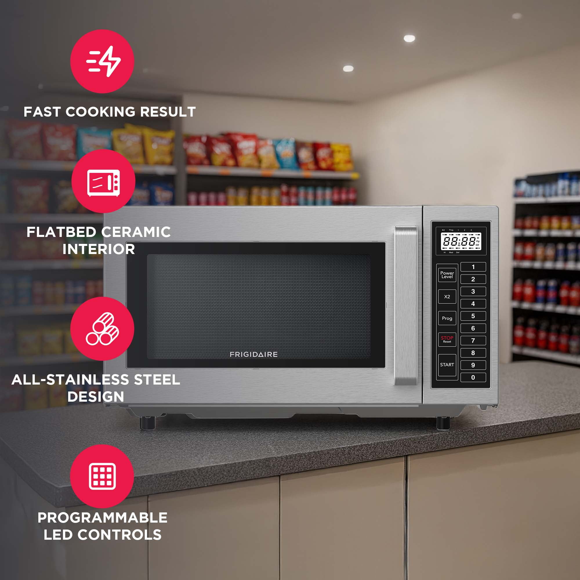 Frigidaire 0.9 Cu. ft. Commercial Microwave, NSF Certified Microwave with 10 Programmable Memory, Touch Screen Control, Stainless Steel