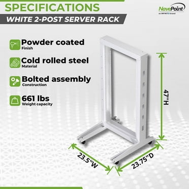 NavePoint 22U 2 Post Rack Open Frame Server Rack for 19 Inch Equipment, AV, Networking, Data & IT Devices, 2-Post Rack 22U With Wheels, 661lbs Weight Capacity, White