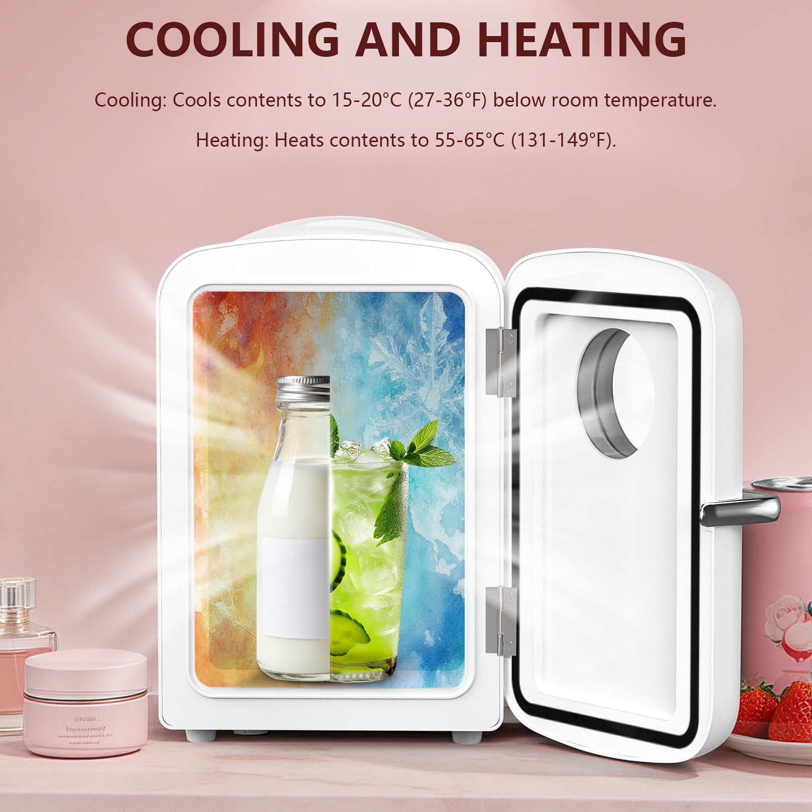 KNDKO Mini Fridge, 4L/6 Cans Cooler and Warmer Compact Refrigerator Skincare, Makeup & Drink, Portable Desk Fridge for Car, Office, Dorm, White