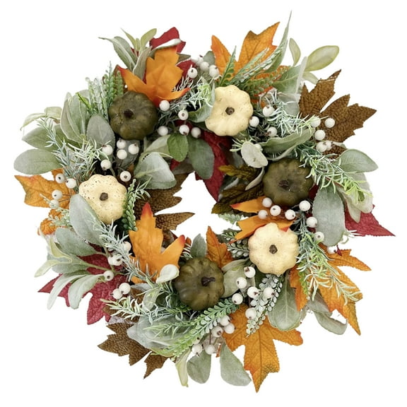 17.7" Fall Lighted Pumpkin Wreath,WBQ Fall Harvest Wreaths for Front Door with White Green Pumpkins, Autumn Thanksgiving Wreath for Halloween Wall Fireplace Party Decor Indoor Outdoor