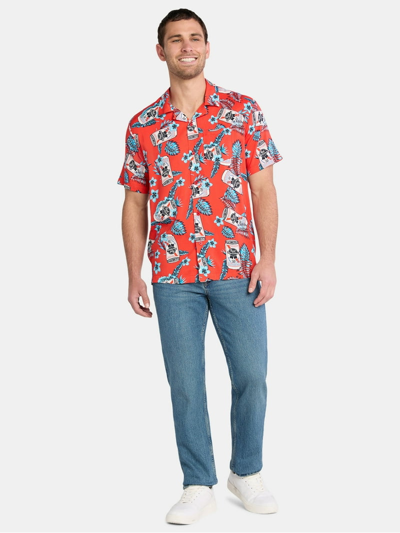 Pabst Blue Ribbon Men's Print Button Up Shirt with Short Sleeves