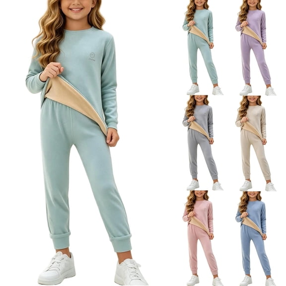 Girls Fleece Lined Outfit Set, Crew Neck Long Sleeve Top and Jogger Pants, 2 Piece Kids Tracksuit for Casual Home Loungewear | Akmoler,Beige 4-5 Years