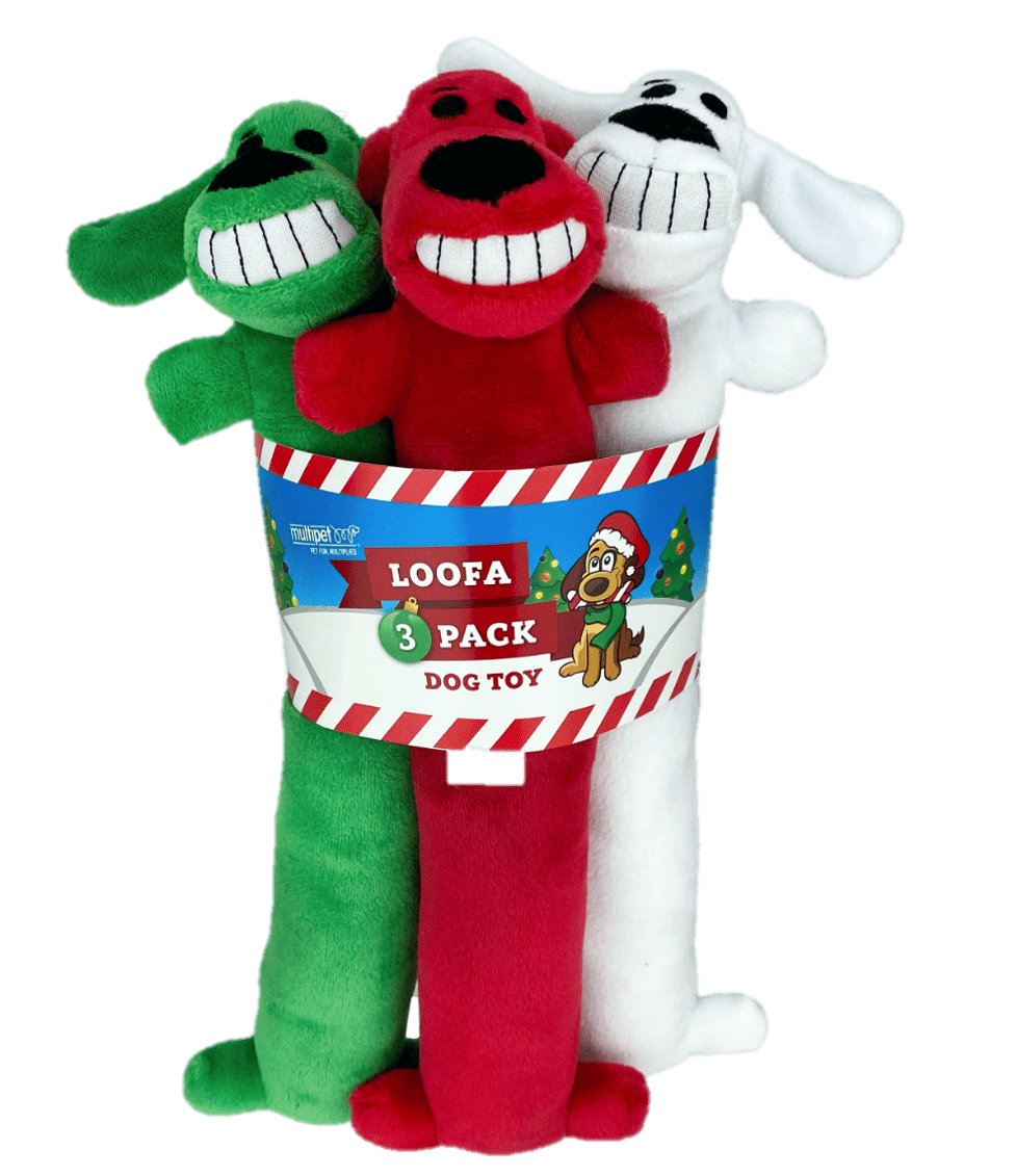 Multipet Plush Holiday Loofa Dog Toy, Stuffing and Squeaker, 3 Pack Bundle with Red, Green and