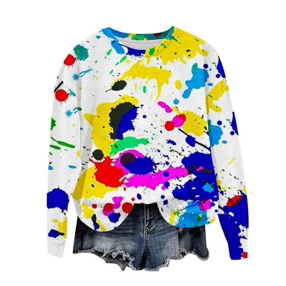 Graphic Sweatshirts Women Crewneck Tie Dye Aesthetic Clothes Pullover Long Sleeve Tops for Fall Winter Casual (XL, White 01)