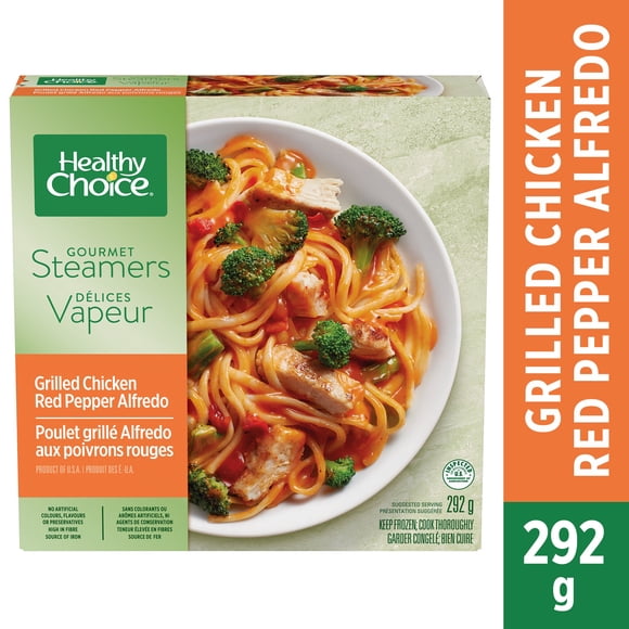 Healthy Choice Repas surgelé Délices Vapeur Poulet grillé Alfredo aux poivrons rouges avec poitrine de poulet, pâtes, brocoli et sauce Alfredo aux poivrons rouges, sans arômes artificiels, sans agents Repas surgelé, 292g