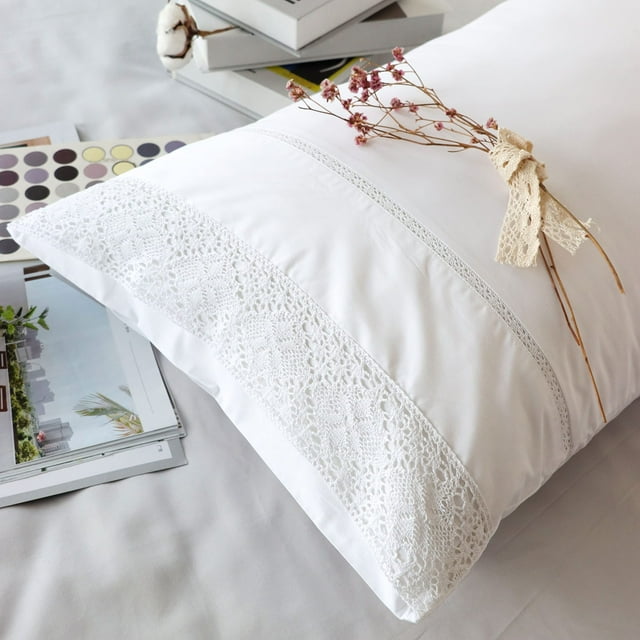Fundas de almohada RANZNAZ, encaje blanco, 100% algodón, tamaño estándar, juego de 2