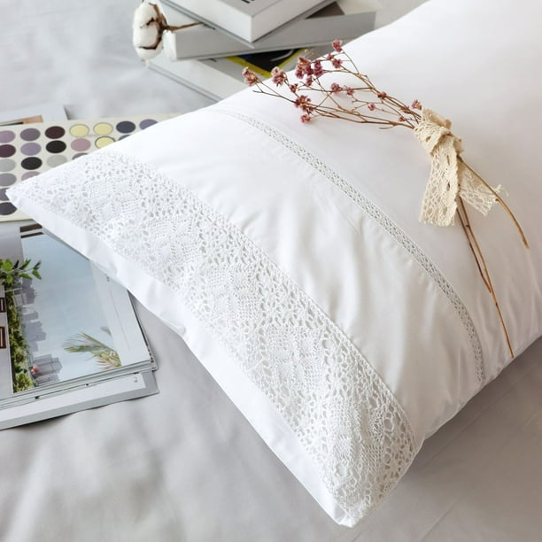 Fundas de almohada RANZNAZ, encaje blanco, 100% algodón, tamaño estándar, juego de 2