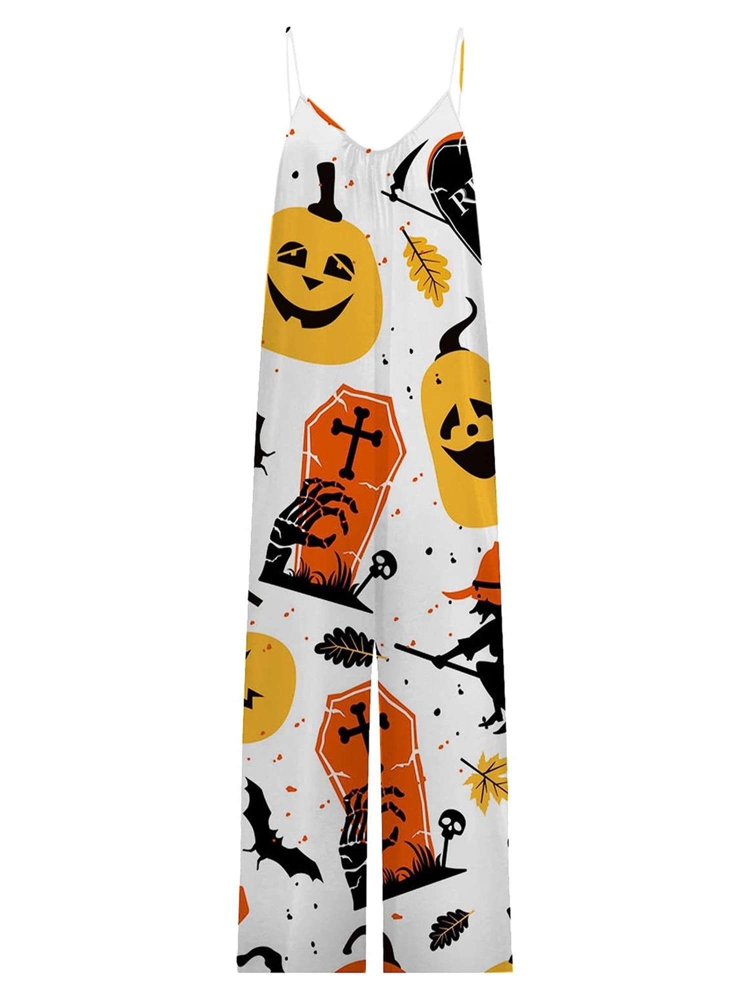 Women's Halloween Strap Jumpsuit Sleeveless One Piece Pumpkin Bat Cat Romper Playsuit Spaghetti Strap Baggy Overalls Pants