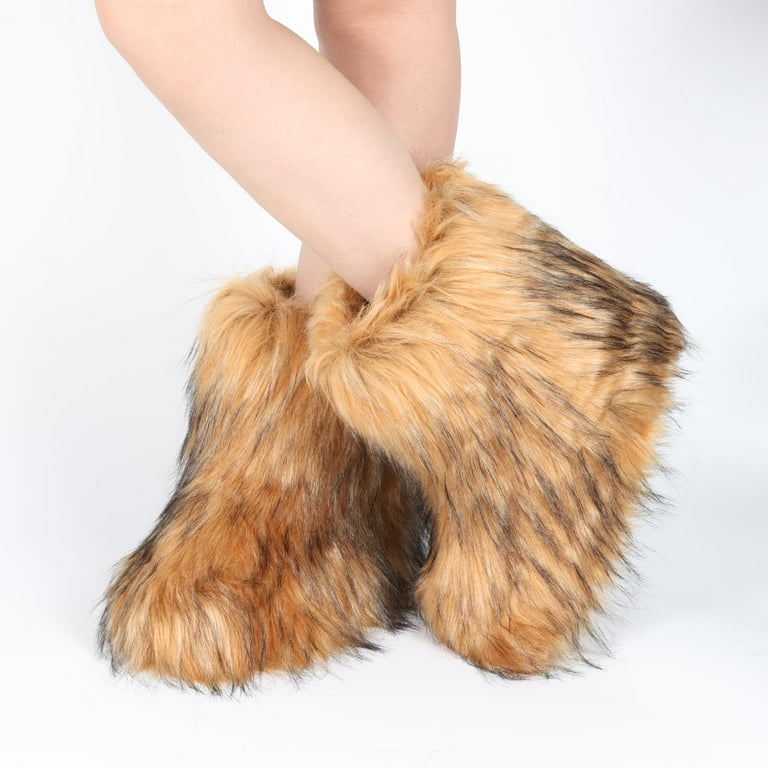 Ecetana Womens Faux Fur Boot Winter Warm Fluffy Long Furry Boots