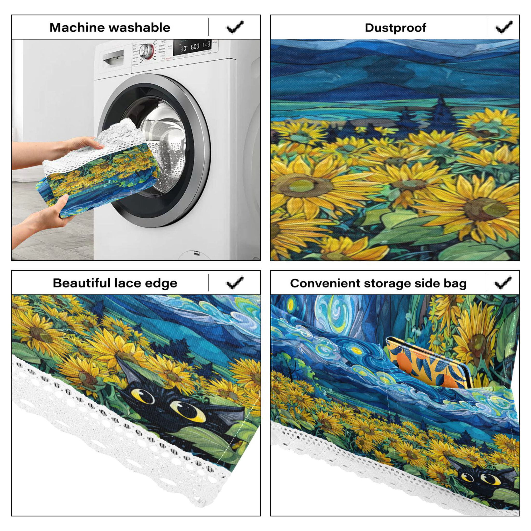 Wobogo Starry Sunflower Cat Washing Machine Cover Dustproof Washer Dryer Cover Waterproof Laundry Room Decorative Protector
