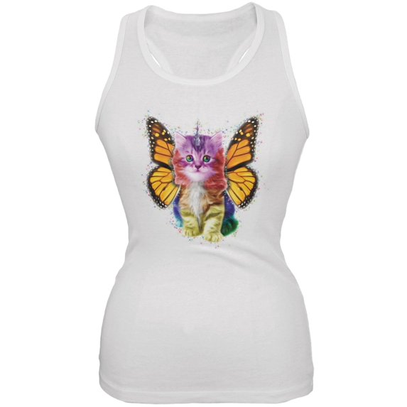 Rainbow Butterfly Unicorn Kitten White Juniors Soft Tank Top - Medium