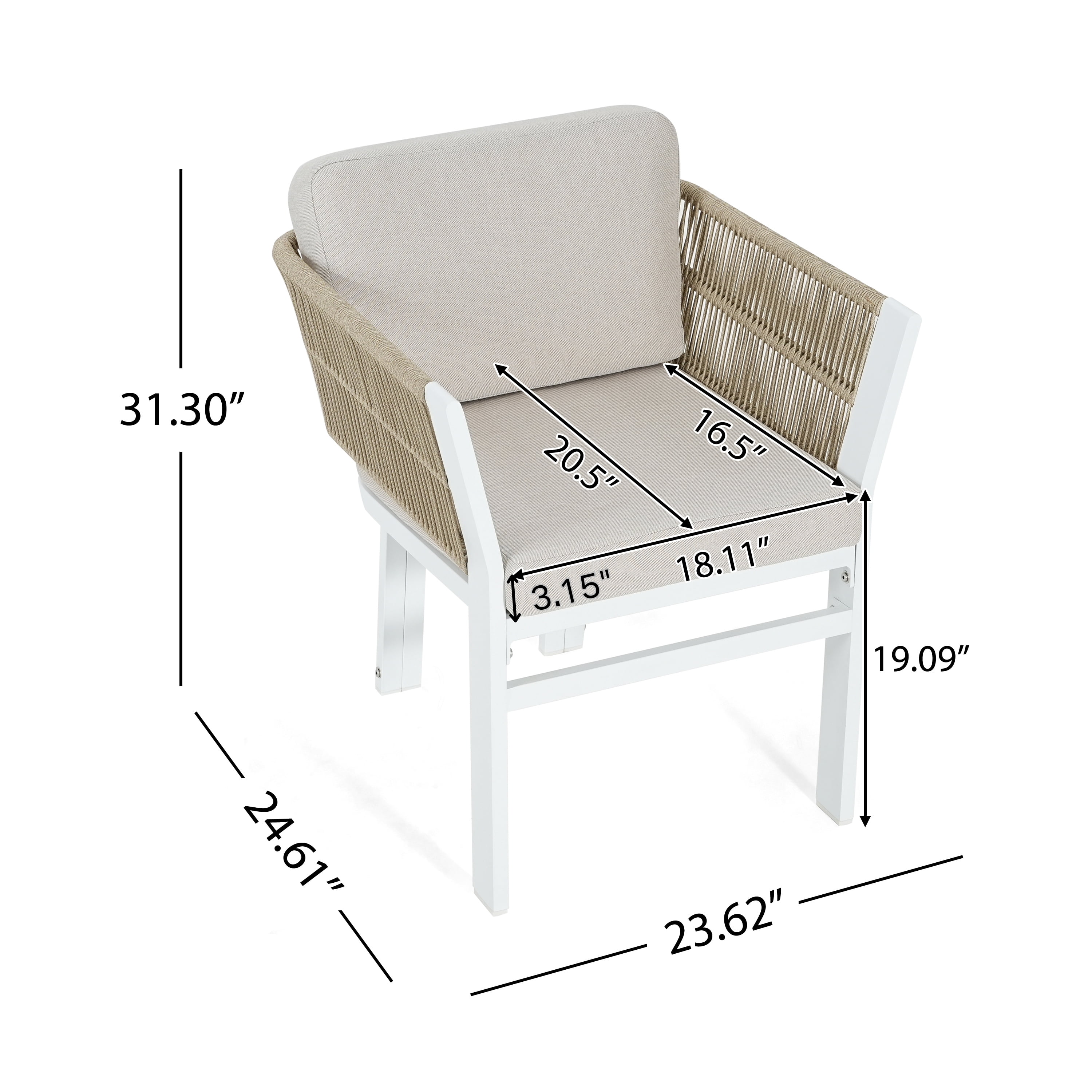 Outdoor Dining Chair Set of 2, White Aluminum Frame with Beige Cushion All-Weather Patio Seating, White