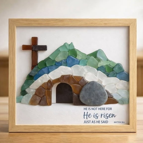 2026 NEW Sea Glass Empty Tomb Resurrection Wall Art – He Is Risen, Religious Sea Glass Frame Decor, Easter Empty Tomb Resurrection Scene Decor For Home, Office Tabletop, Shelf Decor
