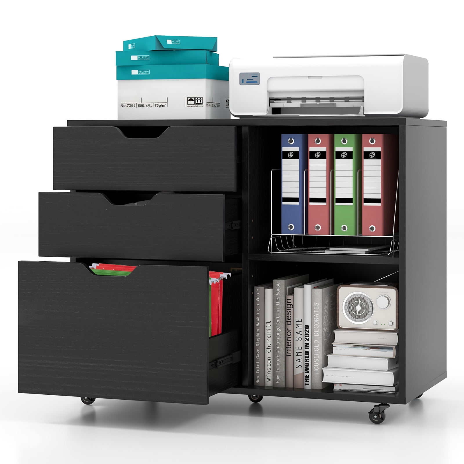 Giantex Rolling File Cabinet, Lateral Filing Cabinet w/Open Storage Shelves, Under Desk Storage Organizer, Mobile Printer Stand, Black