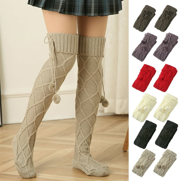 Naierhg Thermal socks 1 Pair Braided Bowknot Plush Balls Decor Skinny Long Stockings Rhombus Textures Socks Over Knee Knitted Socks Dark Gray