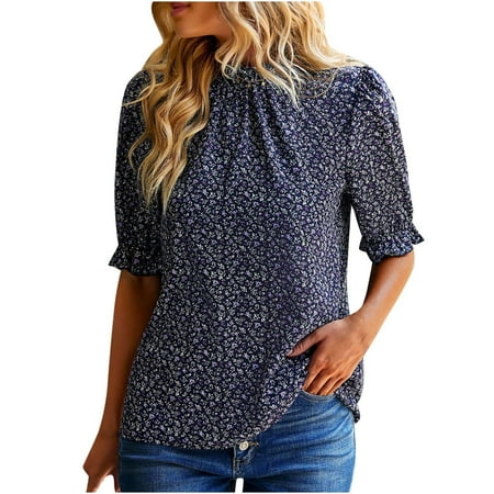 

Mrat Short Sleeve Round-Neck Blouses & Shirts Womens Blouses Short Sleeve Ladies Fashion Summer Round Neck Leisure Flower Print Tops Sleep Shirts for Female