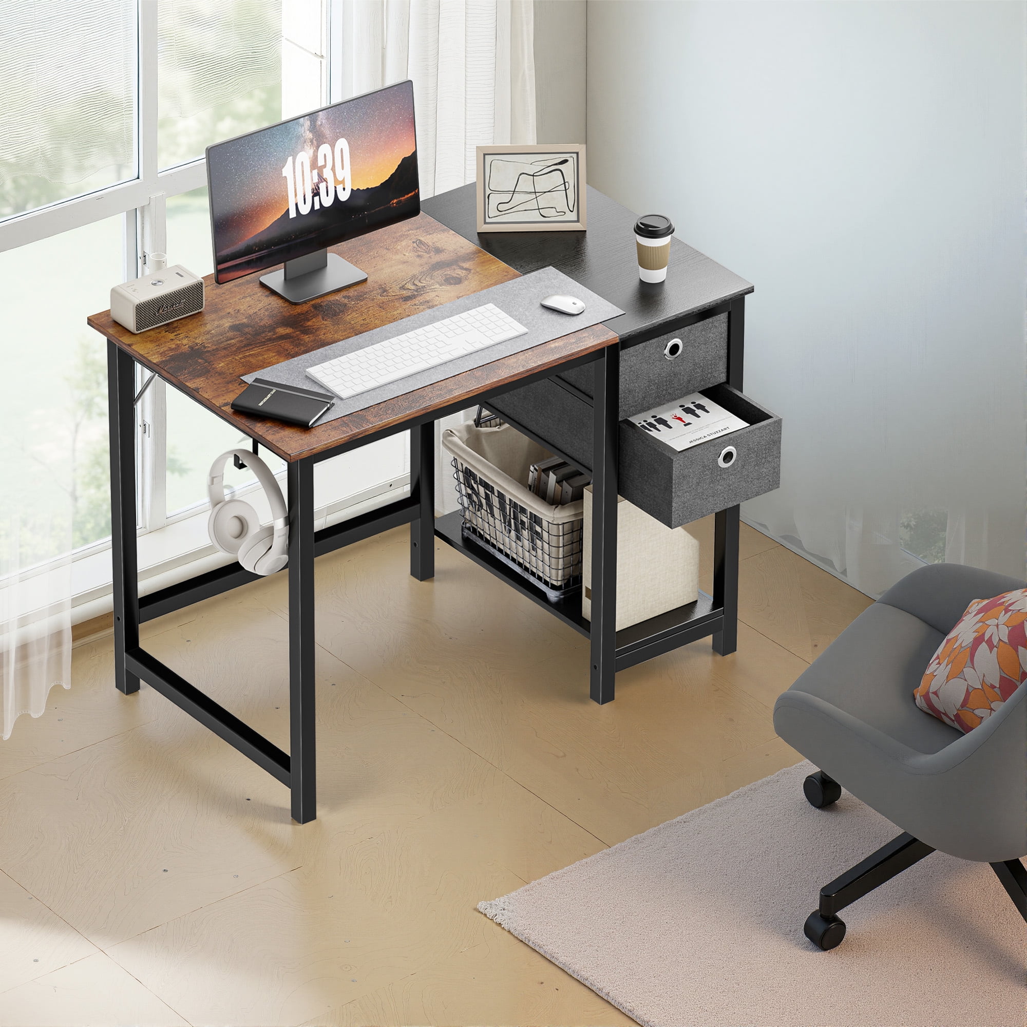 MAYEERTY 55 Inch Computer Desk Home Office Desk Writing Study PC Table with 2-Tier Drawers and Hook