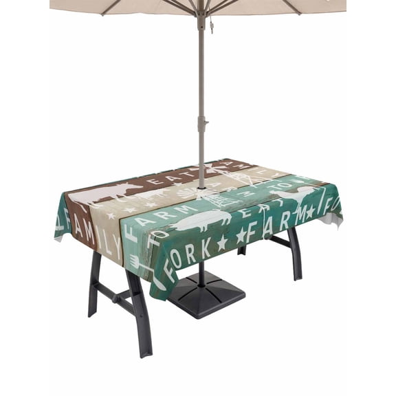 Outdoor Tablecloth with Umbrella Hole for Patio/Picnic/Party/Camping, Farmhouse Barn Waterproof Table Cloth Rectangle Table Cover Washable, Cow Pig Chicken Windmill Wooden Plank (52"x 70")