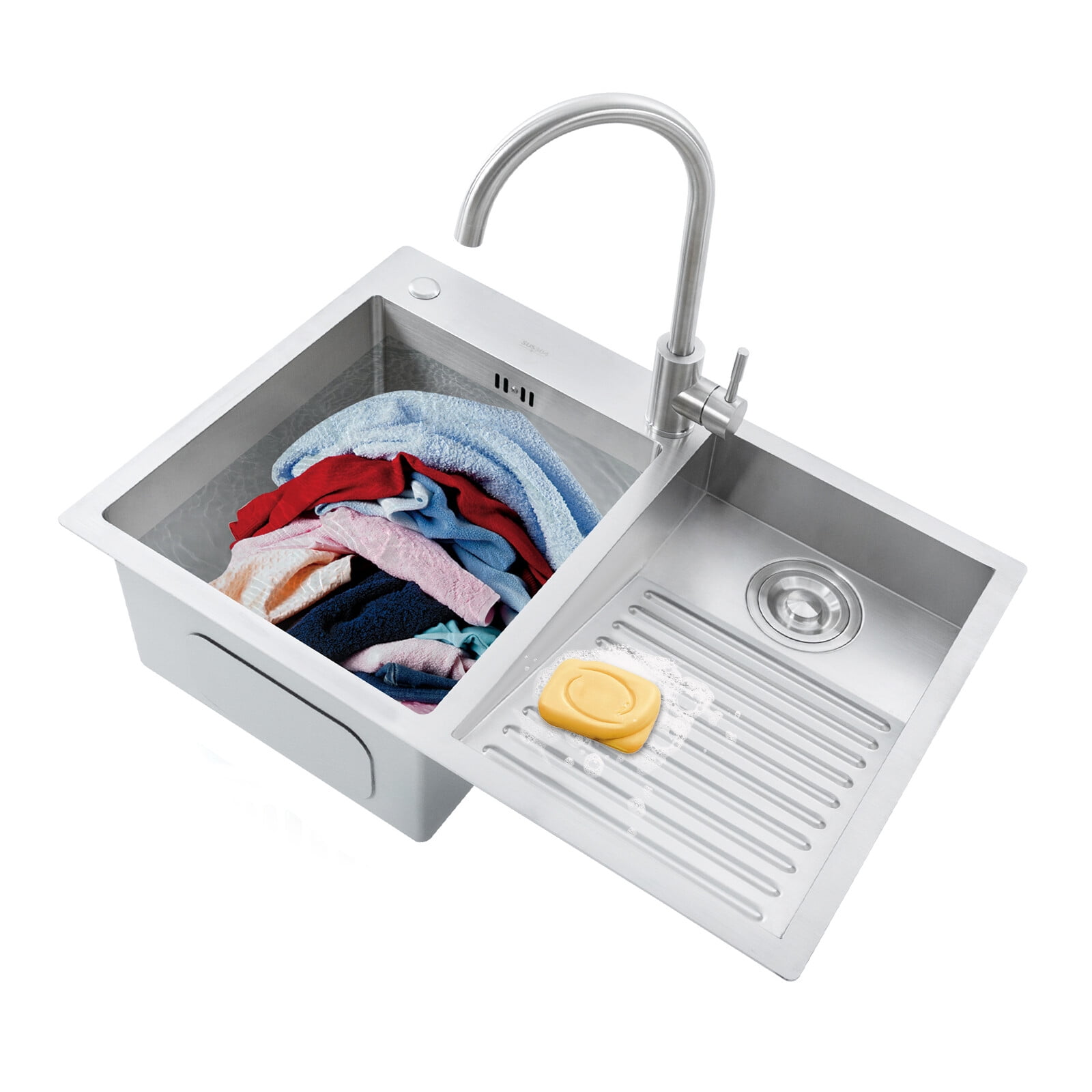 Drop-In Stainless Steel Double Bowl Kitchen, Bar and Laundry Utility Sink 70*48*22cm for Laundry Rooms, Bathrooms, Garages