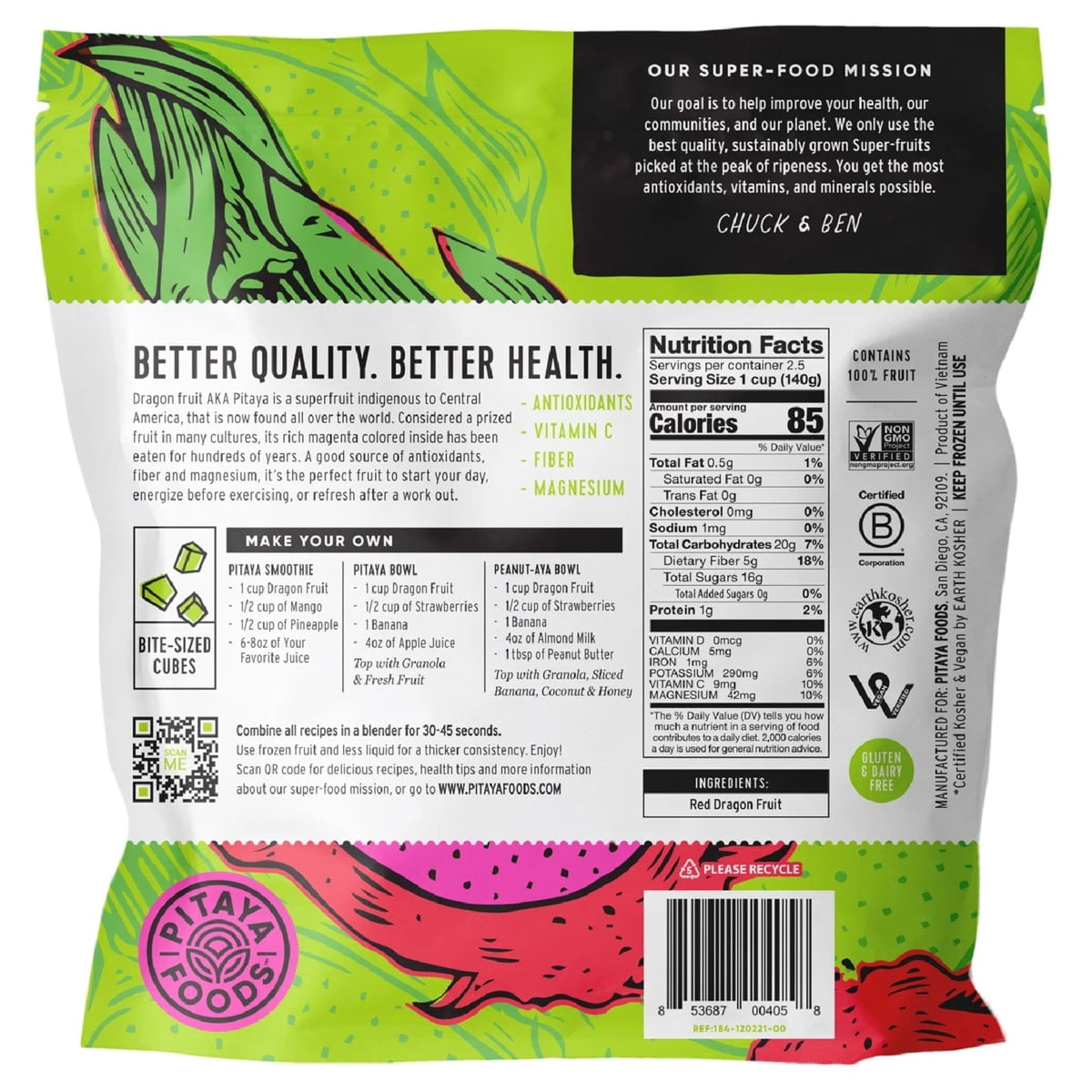 Pitaya Foods Frozen Non-GMO Dragon Fruit Pieces, Vegan, Gluten-Free, Dairy-Free, No Allergens, 12 oz