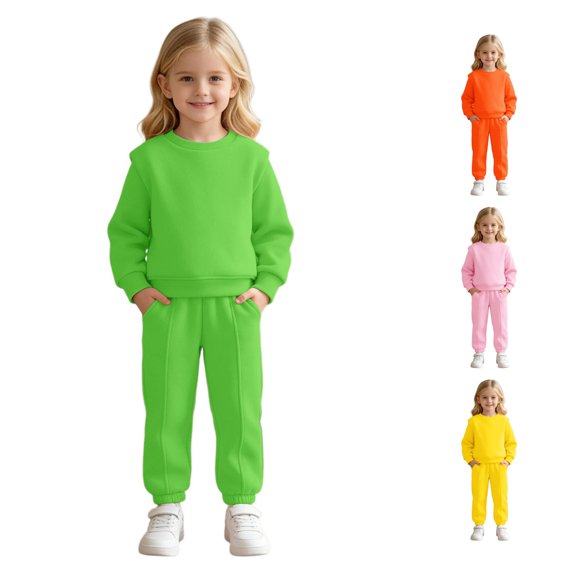 Krdevn Solid Color 2 Piece Kids Tracksuit, Thick Crew Neck Sweatshirt Jogger Pants Set Boys Girls Sports Daily Outfit,Green