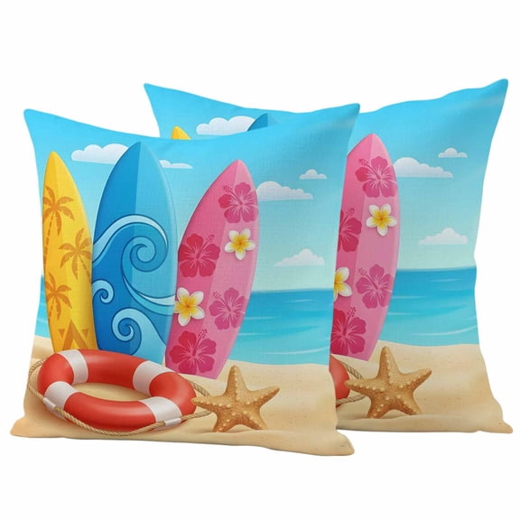 Outdoor Pillow Covers 16 x 16 Inches, Summer Coastal Waterproof Throw Pillow Cover Set of 2, Ocean Beach Starfish Palm Tree Wave Flower Decorative Square Cushion Covers for Patio/Tent/Couch/Garden